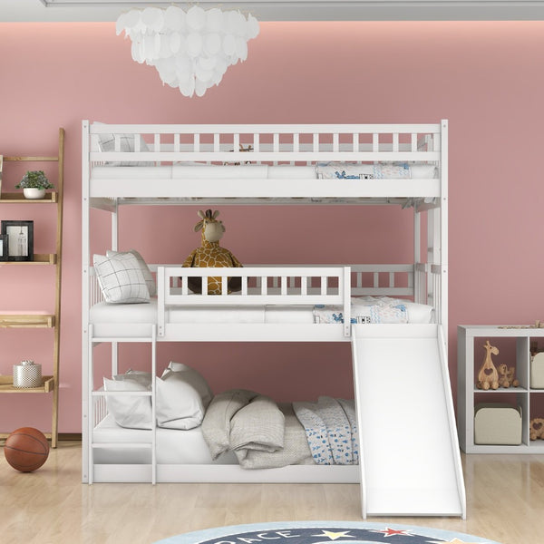English Elm Full-over-full-over-full Triple Bunk Bed with Slide Pine Frame Kids Room White LT100052AAK