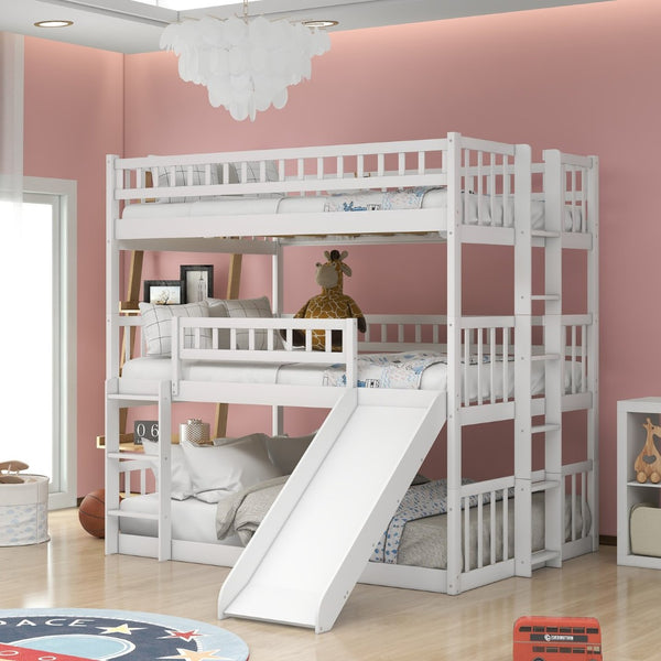 English Elm Full-over-full-over-full Triple Bunk Bed with Slide Pine Frame Kids Room White LT100052AAK