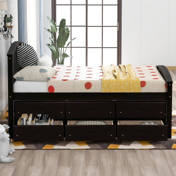 English Elm Orisfur. Twin Pine Platform Bed with Six Storage Drawers Espresso Finish Solid Frame SG000115DAA