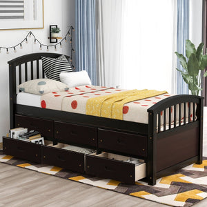 English Elm Orisfur. Twin Pine Platform Bed with Six Storage Drawers Espresso Finish Solid Frame SG000115DAA