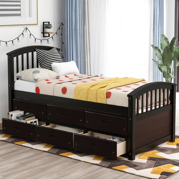English Elm Orisfur. Twin Pine Platform Bed with Six Storage Drawers Espresso Finish Solid Frame SG000115DAA