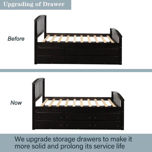 English Elm Orisfur. Twin Pine Platform Bed with Six Storage Drawers Espresso Finish Solid Frame SG000115DAA