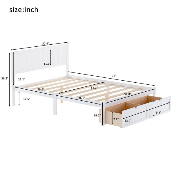 English Elm Full Full Size Platform Bed with Under-Bed Drawers, White — Pine/MDF, 10.5" Clearance, Sturdy Storage WF196530AAK