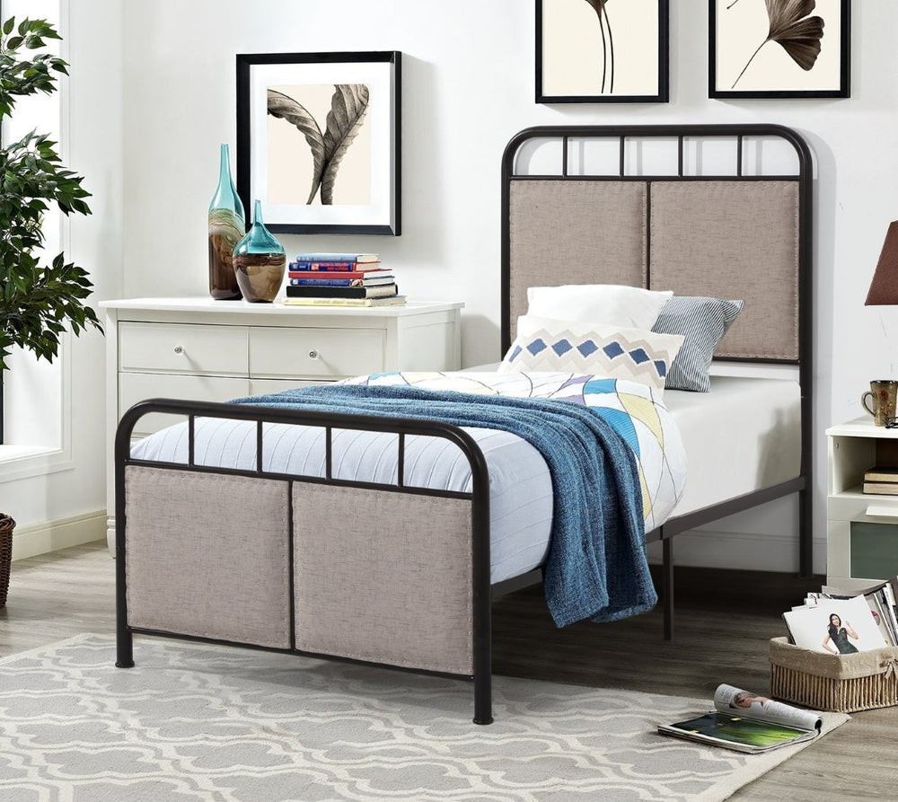English Elm Twin Linen Upholstered Platform Bed Low Profile Steel Frame for Guest Rooms W21428125