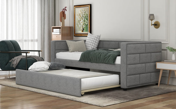 English Elm Twin Upholstered Daybed with Trundle Gray — Year-Round Comfort, 10 Slats, Sturdy 400lb Capacity SM000249AAE
