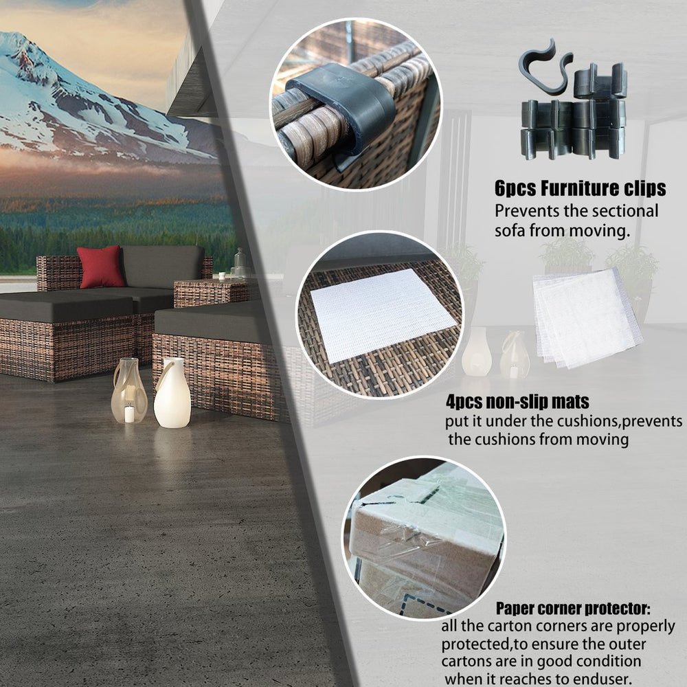 English Elm Updated 5 Pieces Outdoor Brown Wicker Sectional Sofa Set with Black Cushions, Red Pillows & Cover — Rust-Resistant Steel Frame, 8” Plush Back Support W400S00037