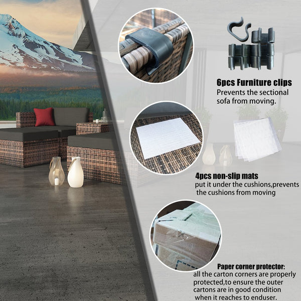 English Elm Updated 5 Pieces Outdoor Brown Wicker Sectional Sofa Set with Black Cushions, Red Pillows & Cover — Rust-Resistant Steel Frame, 8” Plush Back Support W400S00037