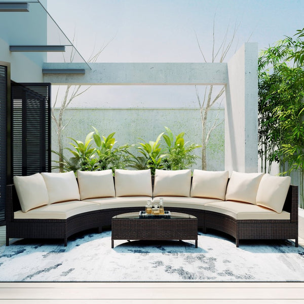 English Elm Topmax Five Piece Modular Outdoor Sectional Pe Rattan Patio Set with Glass Table Beige N717S100149A