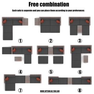 English Elm 10 Piece Brown Wicker Outdoor Sectional Sofa Set with Black Cushions, Red Pillows & Protective Cover, Steel Frame Durability W400S00038