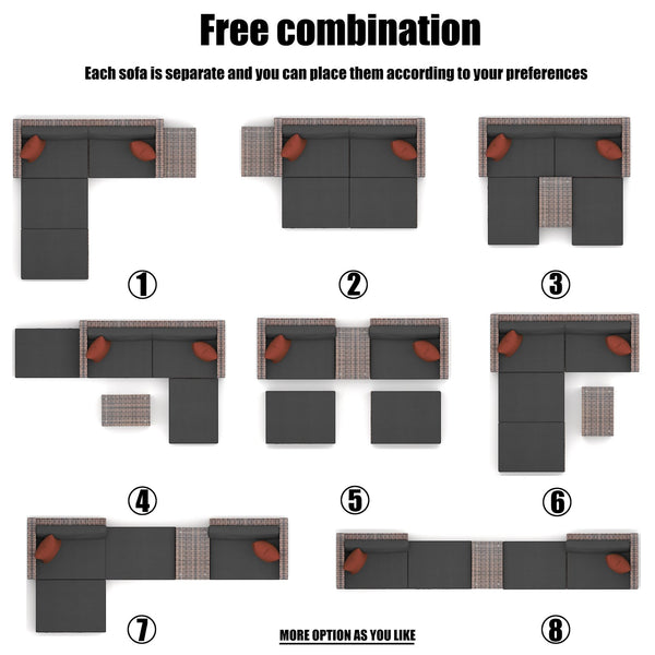 English Elm Updated 5 Pieces Outdoor Brown Wicker Sectional Sofa Set with Black Cushions, Red Pillows & Cover — Rust-Resistant Steel Frame, 8” Plush Back Support W400S00037