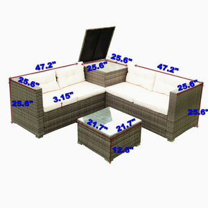 English Elm 4 Piece Patio Sectional Set - Modular Wicker Rattan Sofa With Soft Cushions & Convenient Storage Box W329S00033
