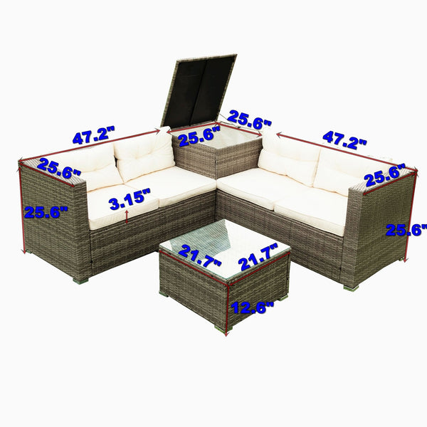 English Elm 4 Piece Patio Sectional Set - Modular Wicker Rattan Sofa With Soft Cushions & Convenient Storage Box W329S00033