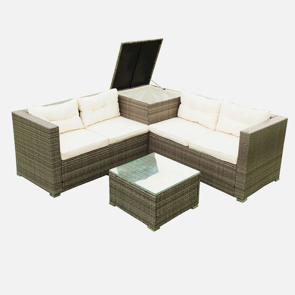 English Elm 4 Piece Patio Sectional Set - Modular Wicker Rattan Sofa With Soft Cushions & Convenient Storage Box W329S00033