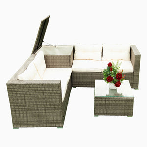 English Elm 4 Piece Patio Sectional Set - Modular Wicker Rattan Sofa With Soft Cushions & Convenient Storage Box W329S00033