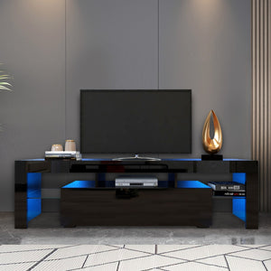 English Elm Modern Low Profile Media Console with Led Lighting Gloss Doors for Living Room or Gaming W33131067