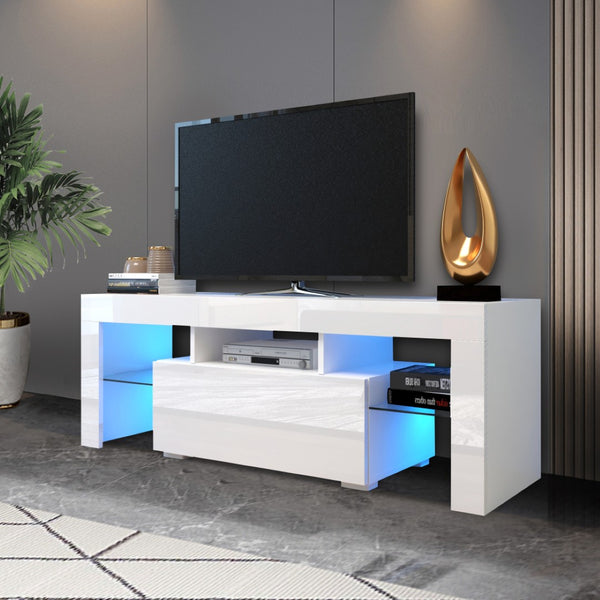 English Elm Entertainment Tv Stand with Led Ambient Lighting White Cabinet for Living Room W33115869
