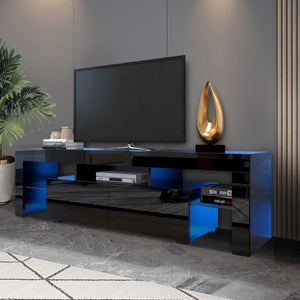 English Elm Modern Low Profile Media Console with Led Lighting Gloss Doors for Living Room or Gaming W33131067