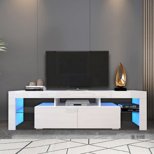 English Elm Modern Led Media Console with Remote Lighting Mdf Glass Top Living Room Storage W33131188