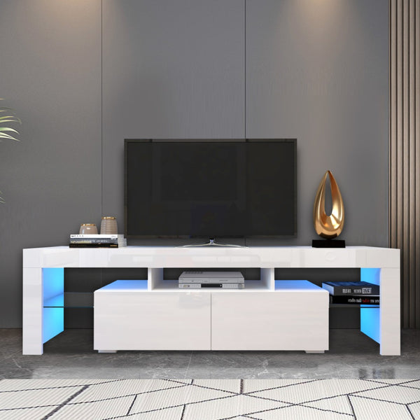 English Elm Modern Led Media Console with Remote Lighting Mdf Glass Top Living Room Storage W33131188