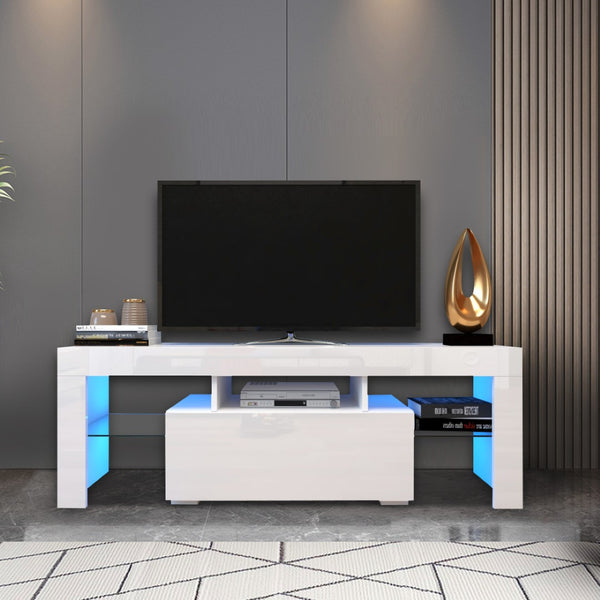 English Elm Entertainment Tv Stand with Led Ambient Lighting White Cabinet for Living Room W33115869
