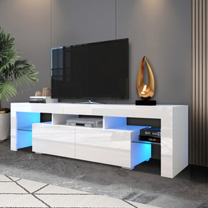 English Elm Modern Led Media Console with Remote Lighting Mdf Glass Top Living Room Storage W33131188