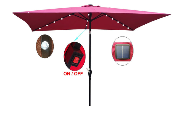 English Elm 10 X 6.5 Ft Rectangular Outdoor Market Umbrella Solar Led Lights Crank Tilt Pool Burgundy W65627943