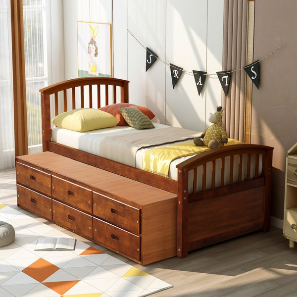 English Elm Orisfur. Twin Pine Platform Bed Six Built-in Drawers Espresso Kids Room Storage SG000119AAP