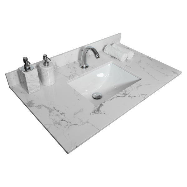 English Elm Montary 31-inch Engineered Stone Vanity Top with Rectangular Undermount Sink, Backsplash, Polished Carrara Finish W50932301