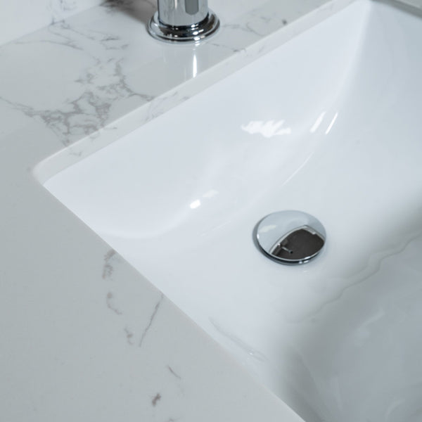 English Elm Montary 31-inch Engineered Stone Vanity Top with Rectangular Undermount Sink, Backsplash, Polished Carrara Finish W50932301