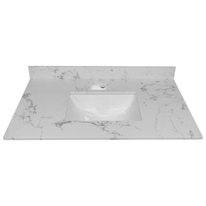 English Elm Montary 31-inch Engineered Stone Vanity Top with Rectangular Undermount Sink, Backsplash, Polished Carrara Finish W50932301