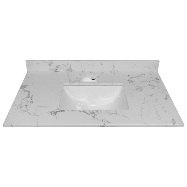 English Elm Montary 31-inch Engineered Stone Vanity Top with Rectangular Undermount Sink, Backsplash, Polished Carrara Finish W50932301