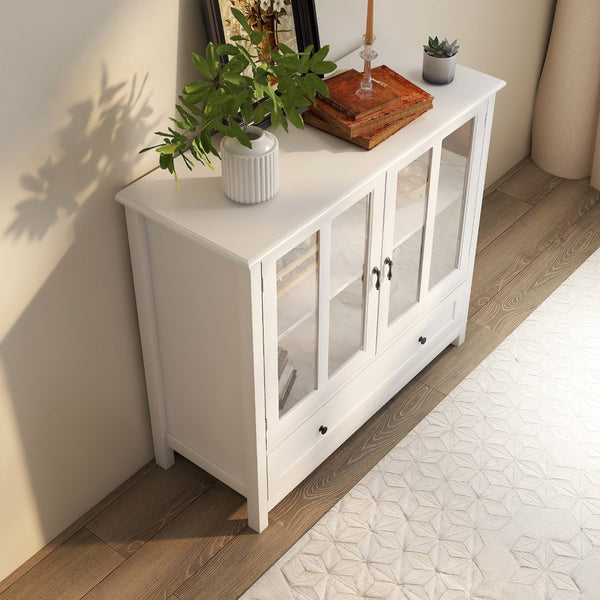 English Elm Buffet Storage Cabinet with Sculpted Glass Doors Bell Handle and Adjustable Shelf W28227723