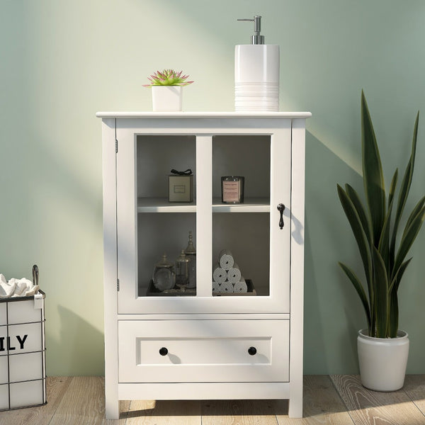 English Elm Buffet Storage Cabinet with Sculpted Glass Doors Bell Handle and Adjustable Shelf W28227727