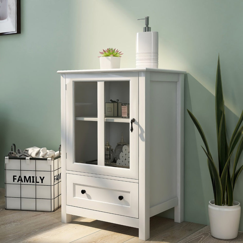 English Elm Buffet Storage Cabinet with Sculpted Glass Doors Bell Handle and Adjustable Shelf W28227727