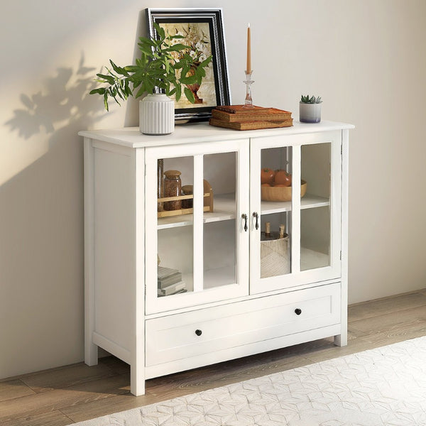 English Elm Buffet Storage Cabinet with Sculpted Glass Doors Bell Handle and Adjustable Shelf W28227723