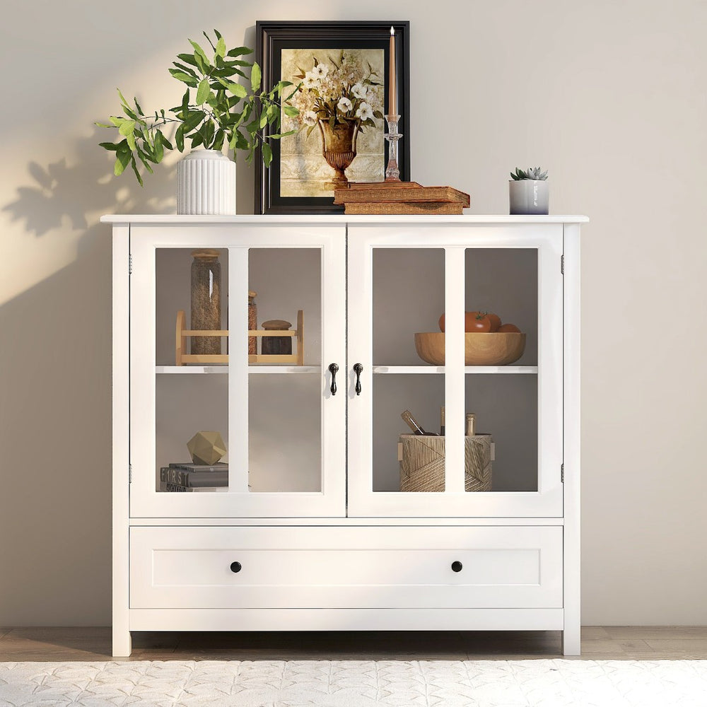 English Elm Buffet Storage Cabinet with Sculpted Glass Doors Bell Handle and Adjustable Shelf W28227723