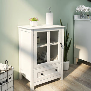 English Elm Buffet Storage Cabinet with Sculpted Glass Doors Bell Handle and Adjustable Shelf W28227727