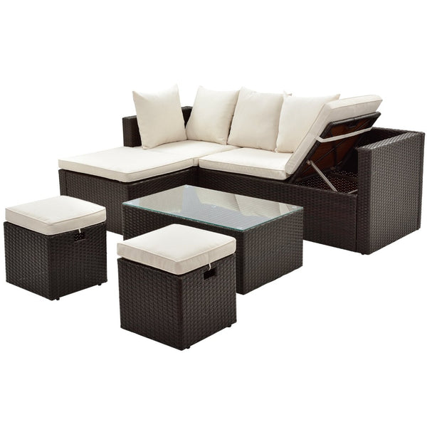 English Elm Go Outdoor 5 Piece Pe Rattan Sectional Sofa Set with Tempered Glass Table FG201206AAA