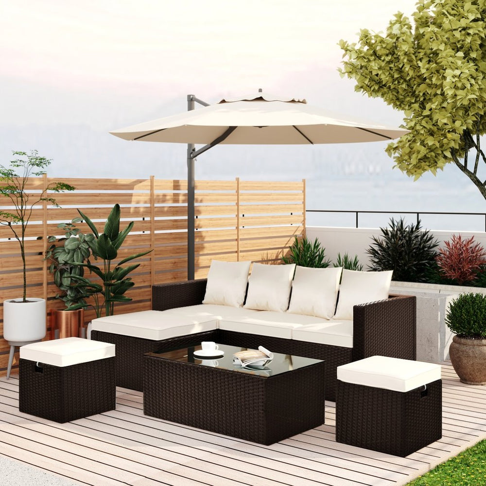English Elm Go Outdoor 5 Piece Pe Rattan Sectional Sofa Set with Tempered Glass Table FG201206AAA