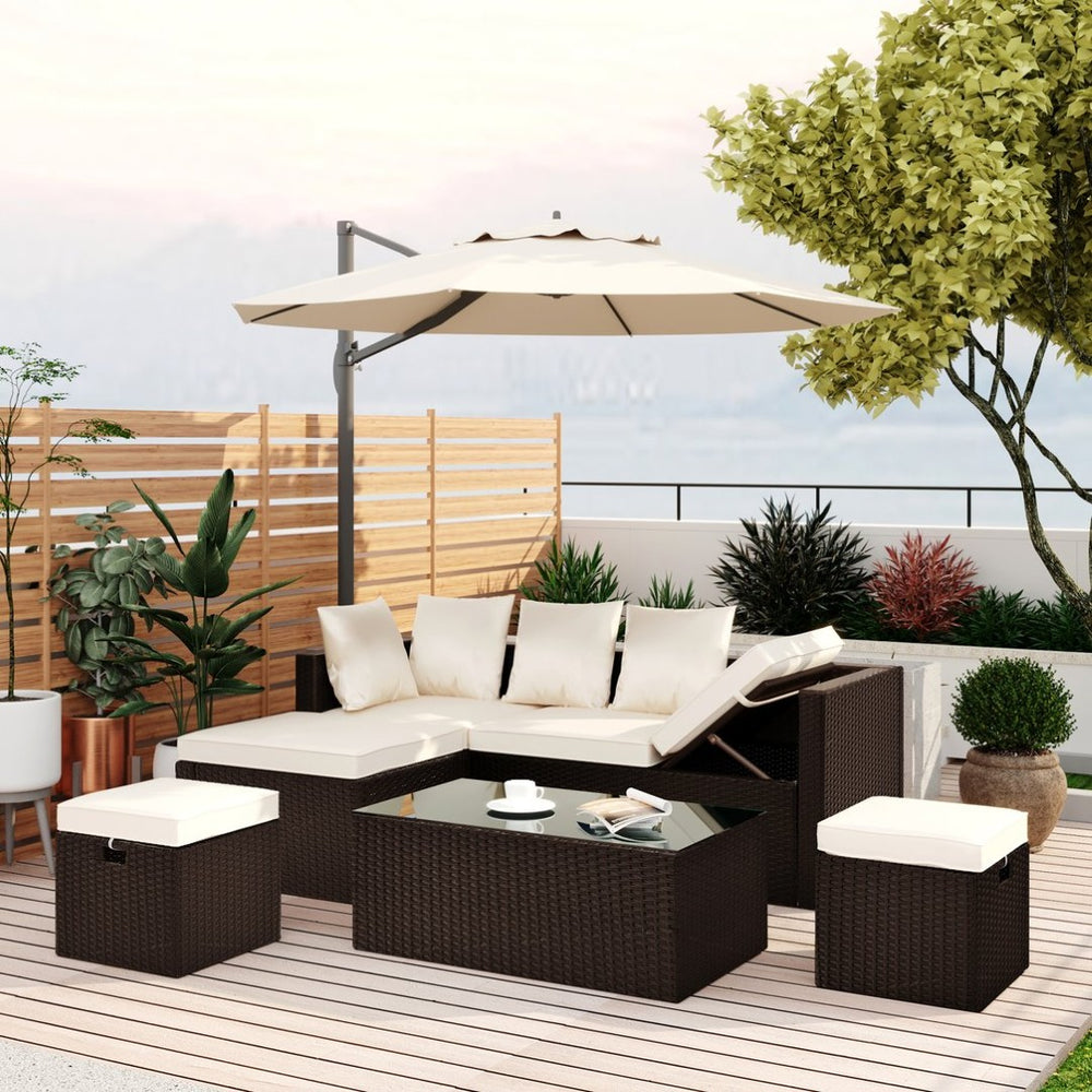 English Elm Go Outdoor 5 Piece Pe Rattan Sectional Sofa Set with Tempered Glass Table FG201206AAA