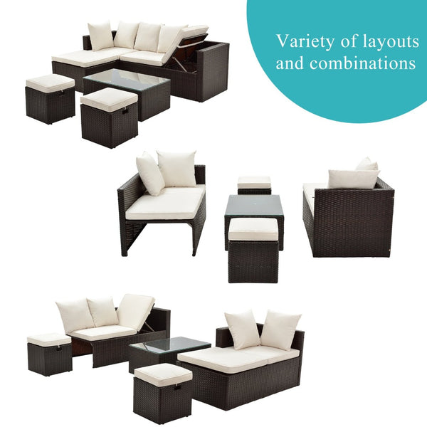 English Elm Go Outdoor 5 Piece Pe Rattan Sectional Sofa Set with Tempered Glass Table FG201206AAA