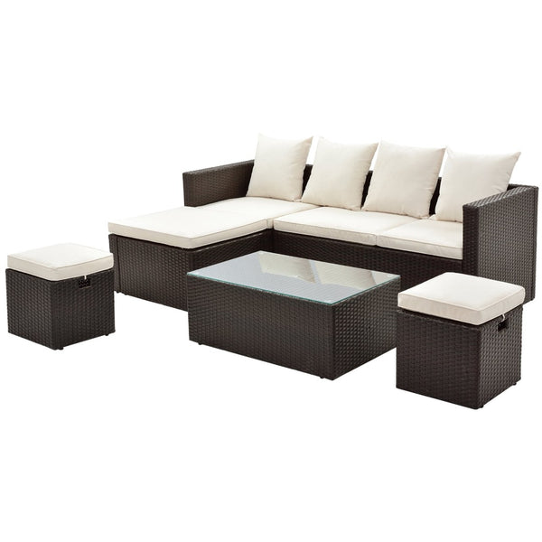 English Elm Go Outdoor 5 Piece Pe Rattan Sectional Sofa Set with Tempered Glass Table FG201206AAA