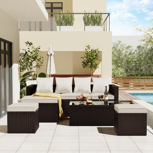 English Elm Go Outdoor 5 Piece Pe Rattan Sectional Sofa Set with Tempered Glass Table FG201206AAA