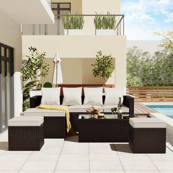 English Elm Go Outdoor 5 Piece Pe Rattan Sectional Sofa Set with Tempered Glass Table FG201206AAA