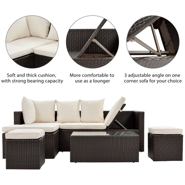 English Elm Go Outdoor 5 Piece Pe Rattan Sectional Sofa Set with Tempered Glass Table FG201206AAA