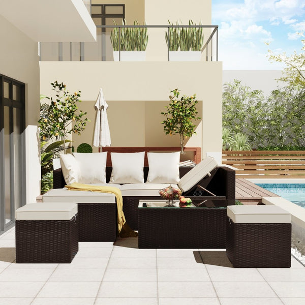 English Elm Go Outdoor 5 Piece Pe Rattan Sectional Sofa Set with Tempered Glass Table FG201206AAA