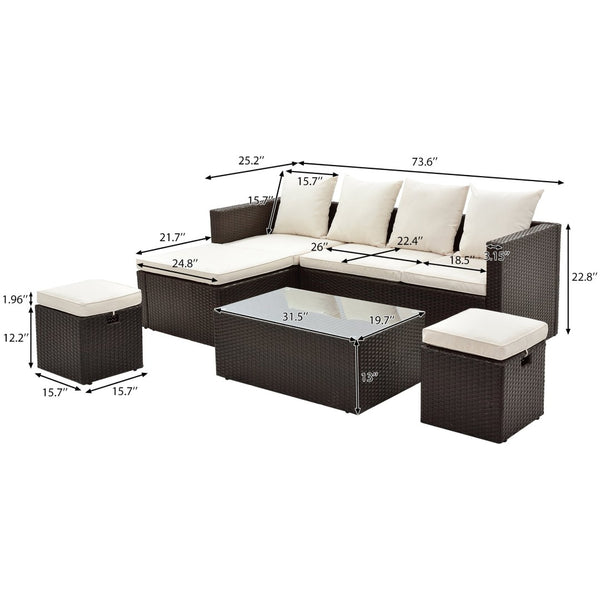 English Elm Go Outdoor 5 Piece Pe Rattan Sectional Sofa Set with Tempered Glass Table FG201206AAA