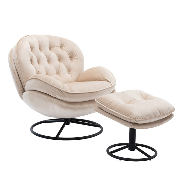 English Elm Accent Chair With Ottoman - Stylish Beige Velvet Swivel Seat For Living Room, Reading Nook & More! W676P232273