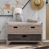 English Elm Trexm Storage Bench With Removable Basket and 2 Drawers, Fully Assembled Shoe Bench With Removable Cushion (White Washed)