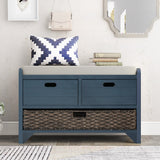 English Elm Trexm Storage Bench With Removable Basket and 2 Drawers, Fully Assembled Shoe Bench With Removable Cushion (Navy)